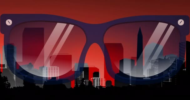 赤を背景に街中のメガネのアニメーション ファッション ビューティーアクセサリー背景パターンコンセプトデジタルアニメーション — ストック動画
