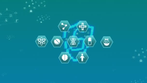 緑の背景にオンラインセキュリティ南京錠上の医療アイコンのアニメーション 世界中の科学 デジタルインターフェース テクノロジー ネットワーキングの概念がデジタルで生成されたビデオ — ストック動画
