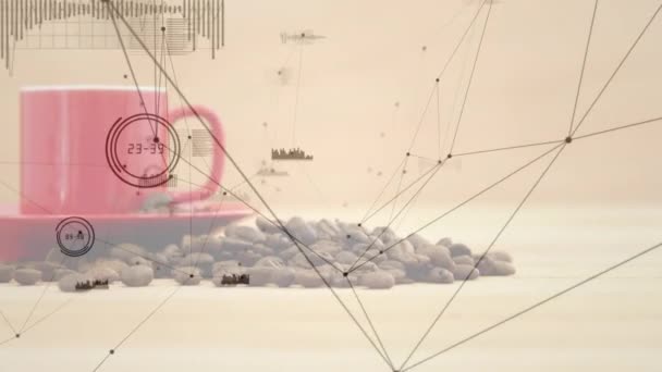 Bir Fincan Kahve Eşliğinde Bağlantı Ağının Animasyonu Küresel Bağlantılar Dijital — Stok video