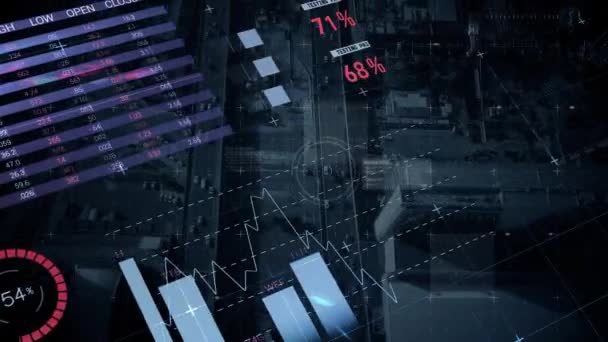 Animation des statistiques et du traitement des données dans le paysage urbain. traitement global des données, interface numérique, technologie et concept de réseau vidéo générée numériquement.