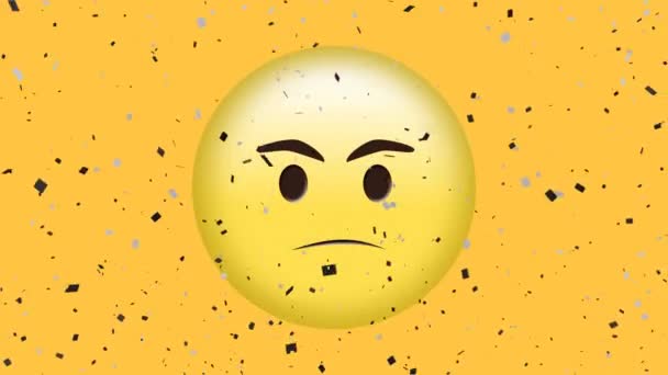 Animação Confetes Caindo Sobre Emoji Irritado Fundo Amarelo Mídia Social — Vídeo de Stock