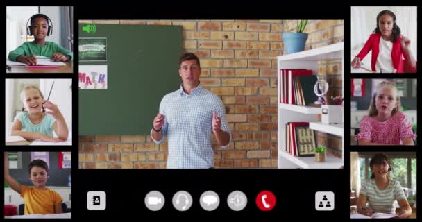 Interface Appel Vidéo Composite Avec Divers Enseignants Masculins Six Enfants — Video