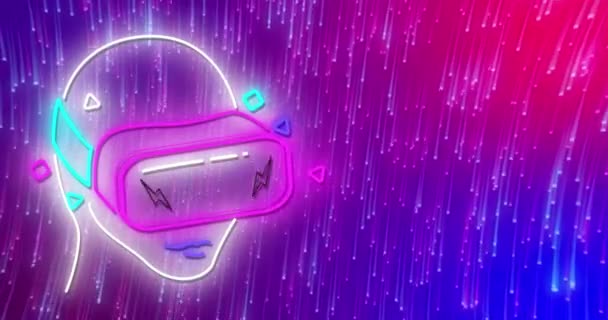 Vrヘッドセットの人のネオンのアニメーション ピンクと紫の上のライトトレイル 地球規模の通信 デジタルインターフェース データ共有の概念 デジタル生成されたビデオ — ストック動画