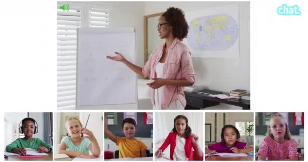 Animação Telas Chamada Vídeo Quadro Negro Professor Diversificado Crianças Que — Vídeo de Stock