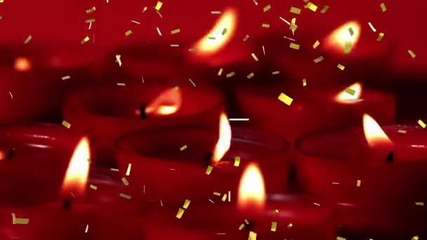 Animación Confeti Oro Cayendo Sobre Velas Rojas Encendidas Celebración Evento — Vídeo de stock
