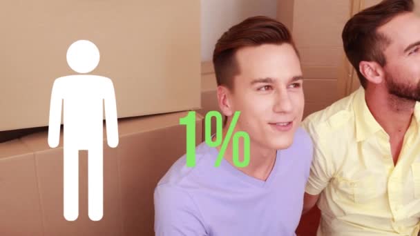 Animación Porcentaje Icono Persona Llenándose Verde Sobre Feliz Pareja Gay — Vídeos de Stock