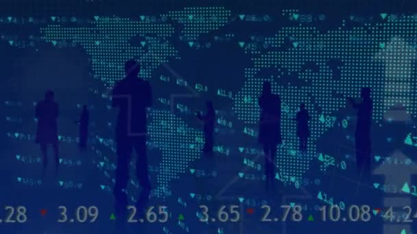 ビジネス人や世界地図上のデータ処理のアニメーション 世界的なビジネス デジタルインターフェース テクノロジー ネットワーキングの概念がデジタルで生成されたビデオ — ストック動画