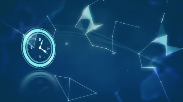 Animation de l'horloge sur le réseau de connexions et le globe. technologie globale, interface numérique et concept de connexions vidéo générée numériquement.