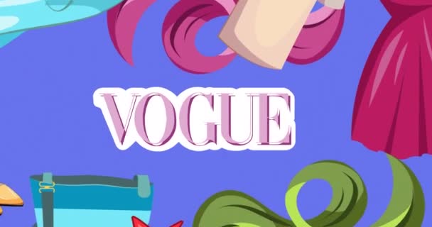 Κινούμενα Σχέδια Κειμένου Vogue Και Αξεσουάρ Μόδας Μπλε Φόντο Αξεσουάρ — Αρχείο Βίντεο