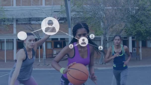 Animation Von Verbindungsnetzen Über Basketballspieler Globaler Sport Technologie Digitale Schnittstelle — Stockvideo