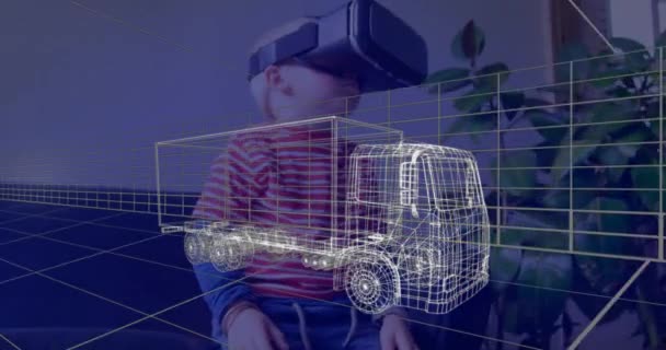 Animering Teknisk Ritning Lastbil Över Pojke Hemma Bär Headset Teknik — Stockvideo