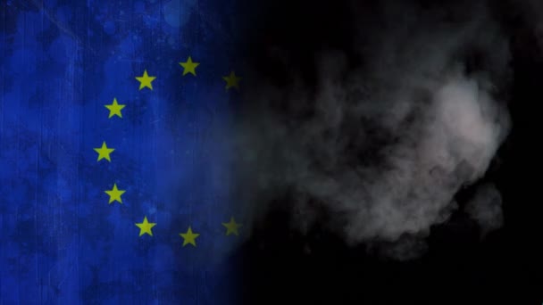 Animación Brillantes Senderos Luz Azul Nubes Sobre Bandera Unión Europea — Vídeo de stock