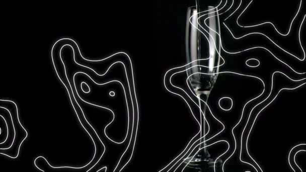 Animatie Van Witte Lijnen Patroon Glas Champagne Zwarte Achtergrond Viering — Stockvideo