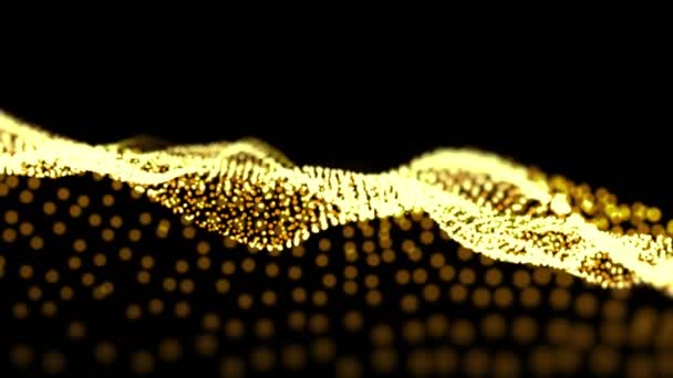 黒い背景に起伏のある輪郭に黄色の粒子のアニメーション 動き変化コミュニケーション肯定的なエネルギー概念デジタルで生成されたビデオ — ストック動画