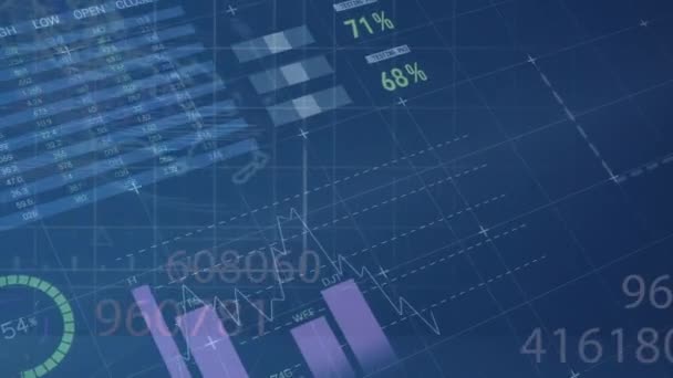 Animação Estatísticas Processamento Dados Financeiros Sobre Silhuetas Empresários Negócio Global — Vídeo de Stock