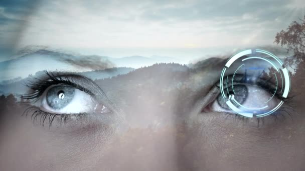 Animación Los Ojos Mujer Reloj Sobre Las Montañas Conexiones Globales — Vídeos de Stock