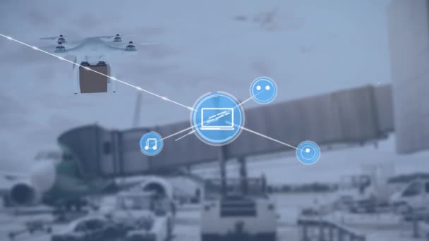 Animación Red Conexiones Través Drone Con Parcela Sobre Aeropuerto Envío — Vídeos de Stock