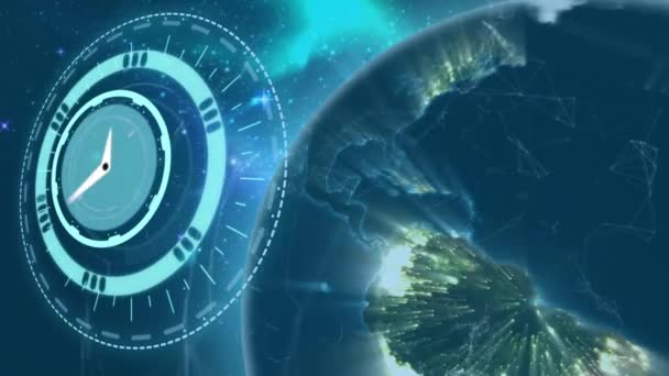 지구본을 시계의 애니메이션 글로벌 디지털 인터페이스 디지털 비디오 — 비디오