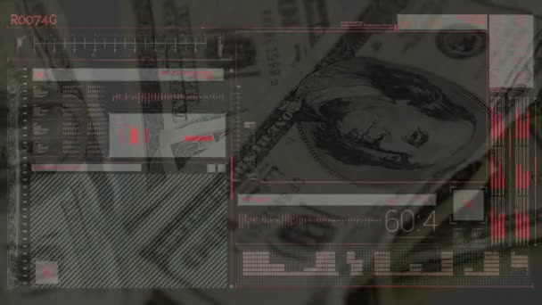 アメリカドル紙幣のデータ処理のアニメーション 世界規模のビジネス テクノロジー デジタルインターフェースと接続の概念デジタルで生成されたビデオ — ストック動画