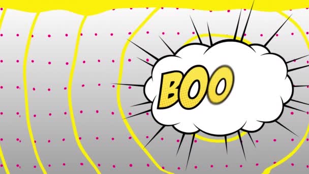 Animasi Teks Boom Awan Ledakan Dengan Lingkaran Kuning Dan Titik — Stok Video