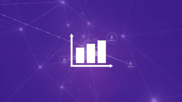 통계를 애니메이션화하고 보라색 배경에 아이콘 연결하는 네트워크 글로벌 비즈니스 디지털 — 비디오