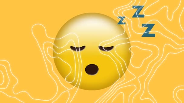 Animation Weißer Höhenlinien Die Sich Über Schlafende Emojis Auf Gelbem — Stockvideo