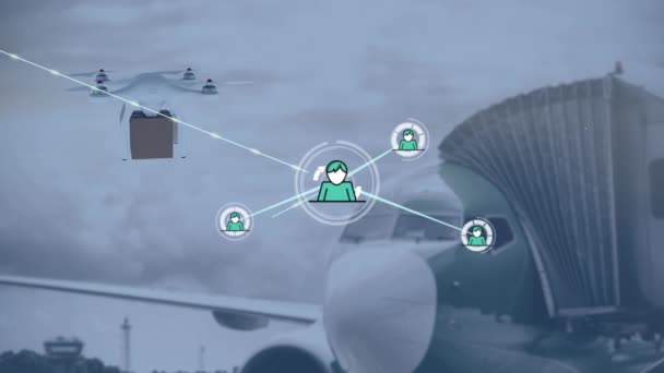 Animazione Della Rete Connessioni Tramite Drone Con Pacco Sopra Aeroporto — Video Stock