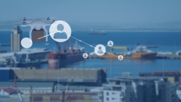 在无人飞机上与港口上空包裹连接的网络动画 Global Shipping Business Digital Interface Technology Networking Concept Digital — 图库视频影像