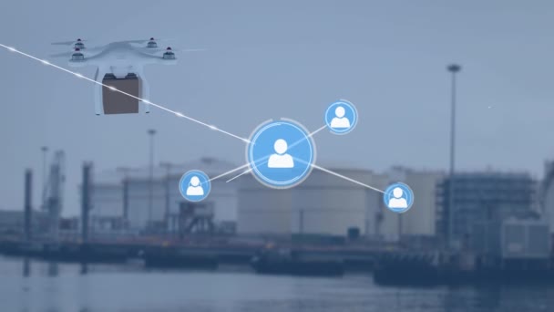 在无人飞机上与港口上空包裹连接的网络动画 Global Shipping Business Digital Interface Technology Networking Concept Digital — 图库视频影像