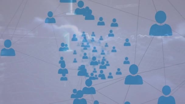 Animacja Sieci Połączeń Ikonami Globusem Nad Niebem Globalne Połączenia Technologia — Wideo stockowe