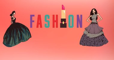 Kırmızı arka planda moda metni olan modellerin çizimi. moda tasarımı, moda gösterisi ve giyim konsepti dijital görüntü.