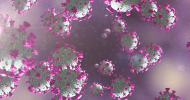 Mor arka planda sıvı içinde yüzen makro Coronavirus Covid-19 hücrelerinin resmi. Halk sağlığı salgını Coronavirus Covid 19 salgın konsepti dijital olarak üretildi. 4k