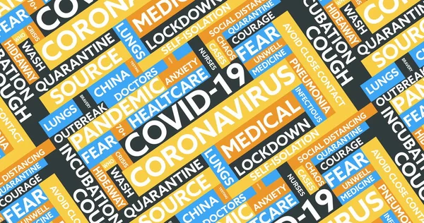 Εικόνα Λέξεων Coronavirus Covid Που Σχετίζονται Πολύχρωμα Πανό Σχηματίζοντας Έναν — Φωτογραφία Αρχείου