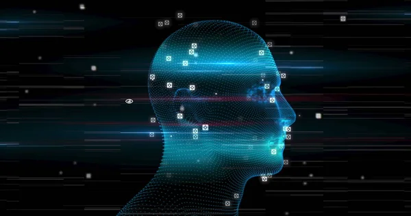 Bild Eines Dreidimensionalen Blau Leuchtenden Menschlichen Kopfmodells Mit Netzwerk Von — Stockfoto