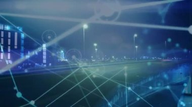 Şehir manzarası üzerindeki bağlantı ağının animasyonu. küresel bağlantılar, dijital arayüz, teknoloji ve ağ konsepti dijital olarak oluşturulmuş video.