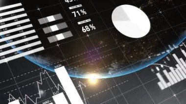 Veri işleme ve dünya üzerindeki istatistiklerin animasyonu. küresel bağlantılar, iş dünyası, dijital arayüz, teknoloji ve ağ konsepti dijital olarak oluşturulmuş video.