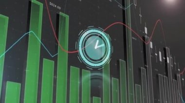 Grafikte, gri arkaplanda saat ve veri işleme animasyonu. küresel iletişim ve veri arayüzü kavramı, dijital olarak oluşturulmuş video.