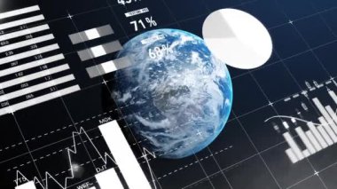 Veri işleme ve dünya üzerindeki istatistiklerin animasyonu. küresel bağlantılar, iş dünyası, dijital arayüz, teknoloji ve ağ konsepti dijital olarak oluşturulmuş video.