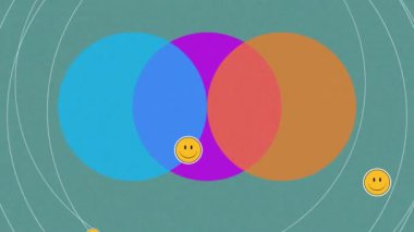 Yeşil üzerinde üç renkli dairenin üzerinde yüzen gülen yüzlerin animasyonu. pozitif duygular ve refah, sosyal medya konsepti, dijital olarak oluşturulmuş video.
