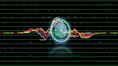 Renkli çizgi grafiğinde saat ve veri işleme animasyonu. küresel iletişim ve veri güvenliği kavramı, dijital olarak oluşturulan video.