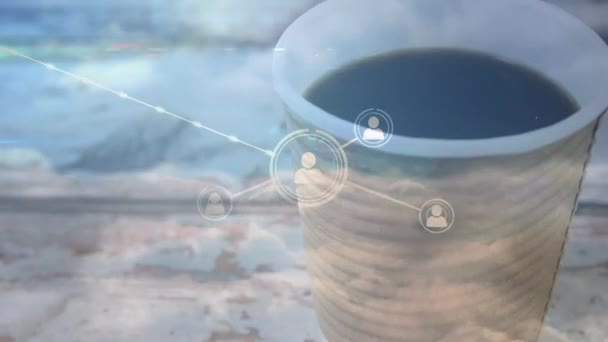 Animación Red Conexiones Iconos Sobre Taza Café Conexiones Globales Interfaz — Vídeo de stock