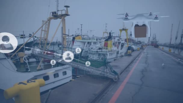 Liman Üzerindeki Parsel Üzerinden Bağlantı Ağının Animasyonu Küresel Gönderim Dijital — Stok video