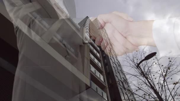 Animation Businessman Handshake Και Αστικό Τοπίο Παγκόσμια Επιχείρηση Ψηφιακή Διεπαφή — Αρχείο Βίντεο