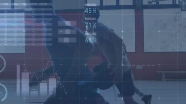 Анимация Обработки Данных Статистики Над Баскетболистами Глобальный Спорт Бизнес Цифровой — стоковое видео