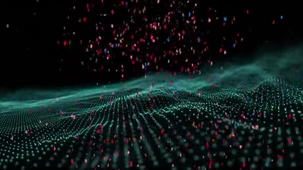 Animatie Van Kleurrijke Confetti Vallend Golvende Blauwe Contouren Zwarte Achtergrond — Stockvideo