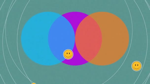 Animación Caras Sonrientes Flotando Sobre Tres Círculos Colores Verde Sentimientos — Vídeos de Stock