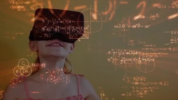 Animation Mathematischer Formeln Über Schulmädchen Mit Headset Globale Online Bildung — Stockvideo