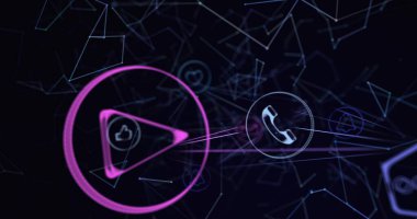 Siyah arkaplan üzerinde hareket eden dijital simgelerle ışık bağlantılarının arayüz ağının resmi, dijital olarak oluşturulan dijital küresel ağ konsepti.