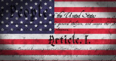 Amerikan Anayasası 'nın beyaz arka planda Amerikan bayrağını üzen sözlerinin görüntüsü. Amerika Birleşik Devletleri Başkanlık seçim demokrasisi konsepti dijital olarak oluşturulmuş imaj.