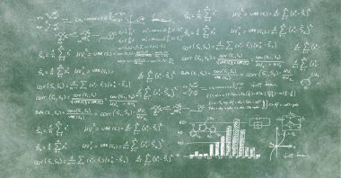 Yeşil karatahta üzerinde matematiksel denklemlerin bileşimi. eğitim, okul ve öğrenim kavramı dijital olarak oluşturulmuş imaj.